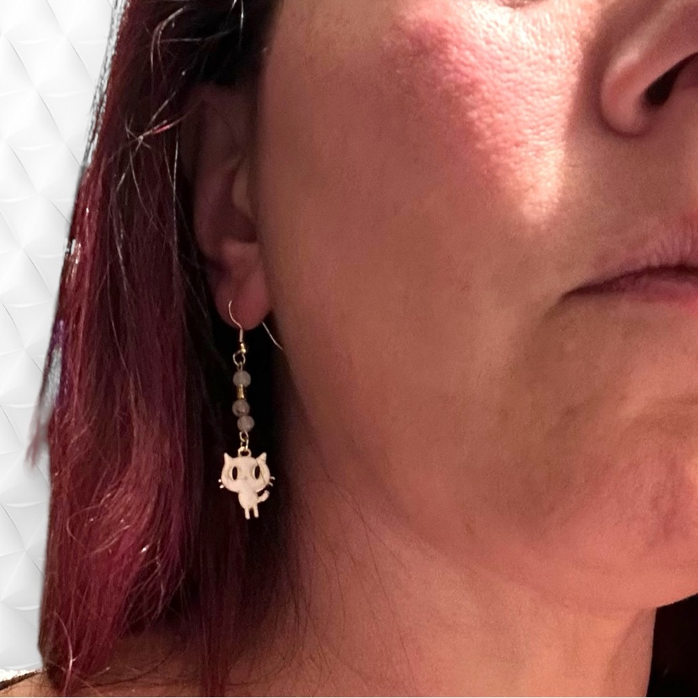Hand Crafted Earring Cats Tourmaline Quartz Kitty White Butterfly Pierced - Picture 6 of 8